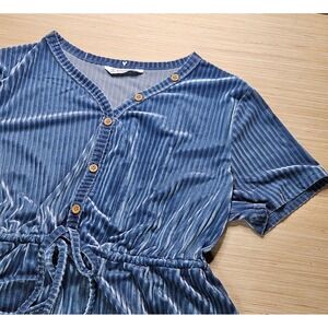 PatPat Women's XL Blue Velvet Striped Short Sleeve Drawstring Dress Boho‎ Y2K